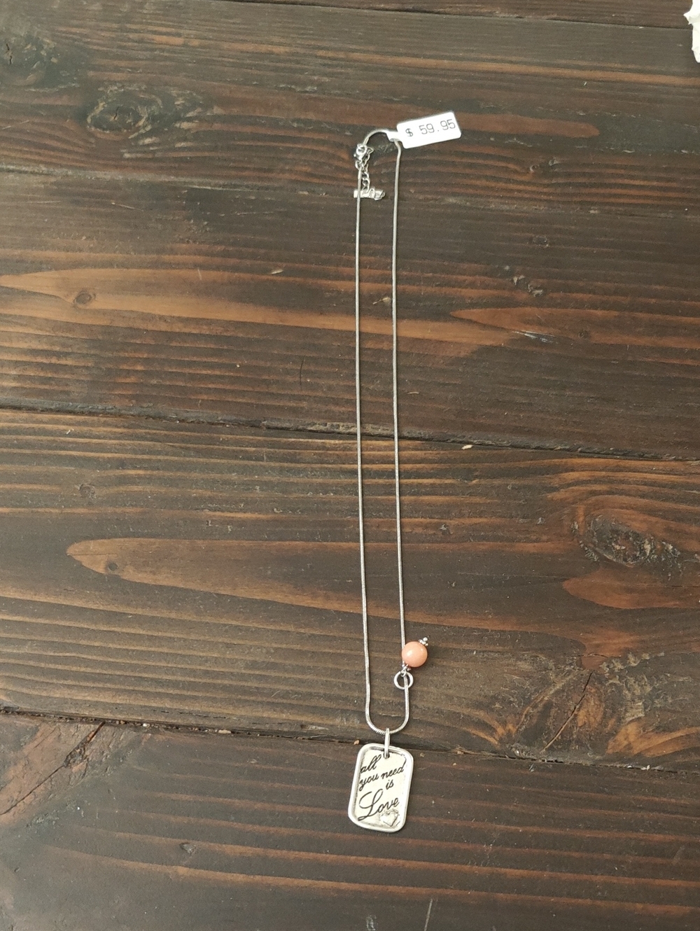 Vantel Pearls Silver Pendant Necklace with Pink Bead - "All You Need is Love"
